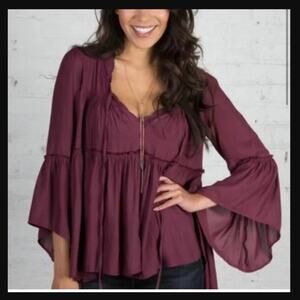 Free People Brand Women's Small Tiered Flowy Peasant Style Burgundy Top BOHO